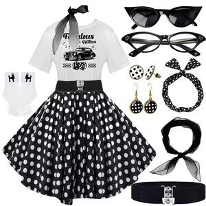 7691 10pcs Sock Hop Outfits Costume Women, 1950s Poodle Skirts,